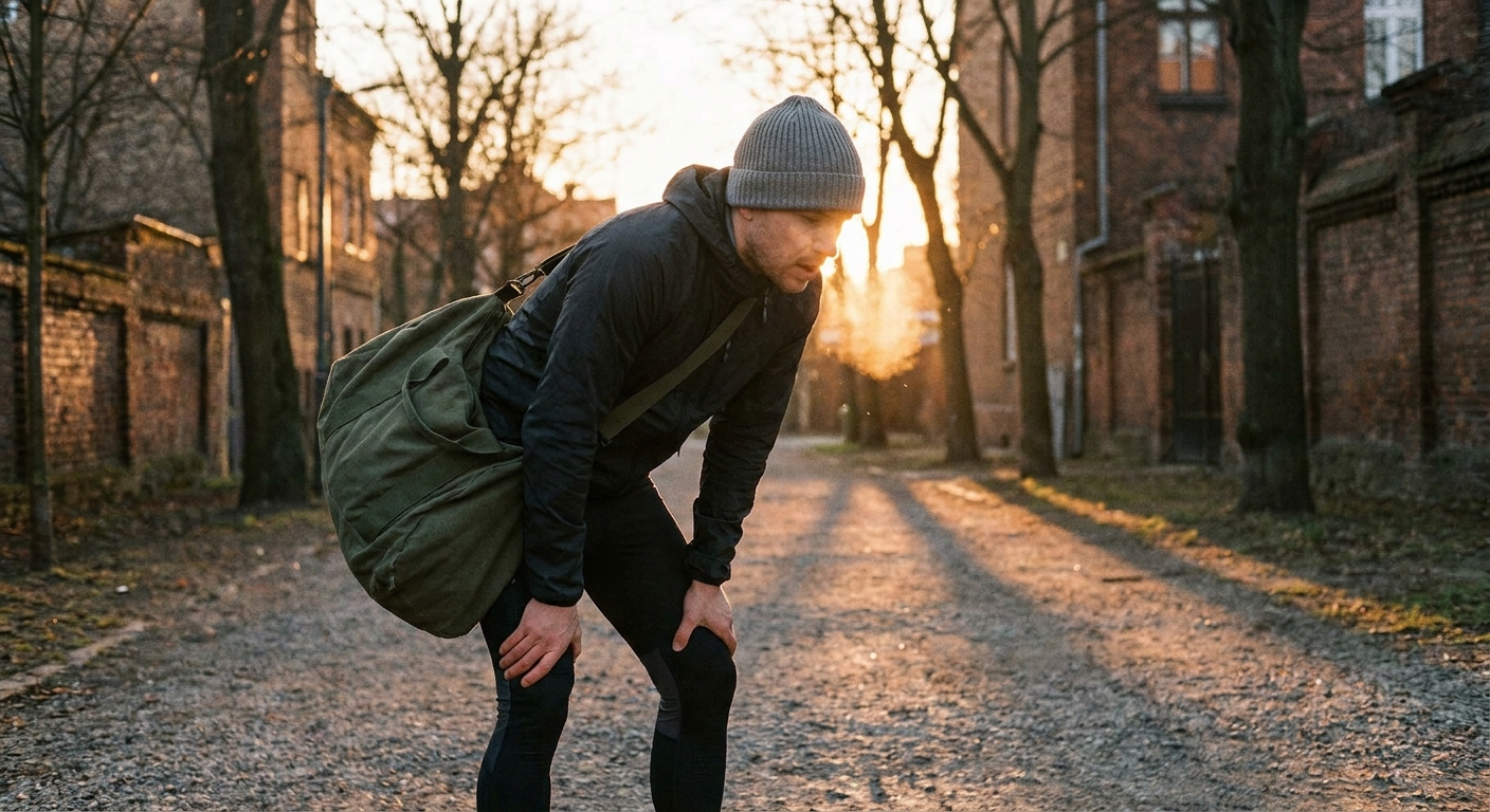 Runner at golden hour with a grey beanie and a green training holdall
