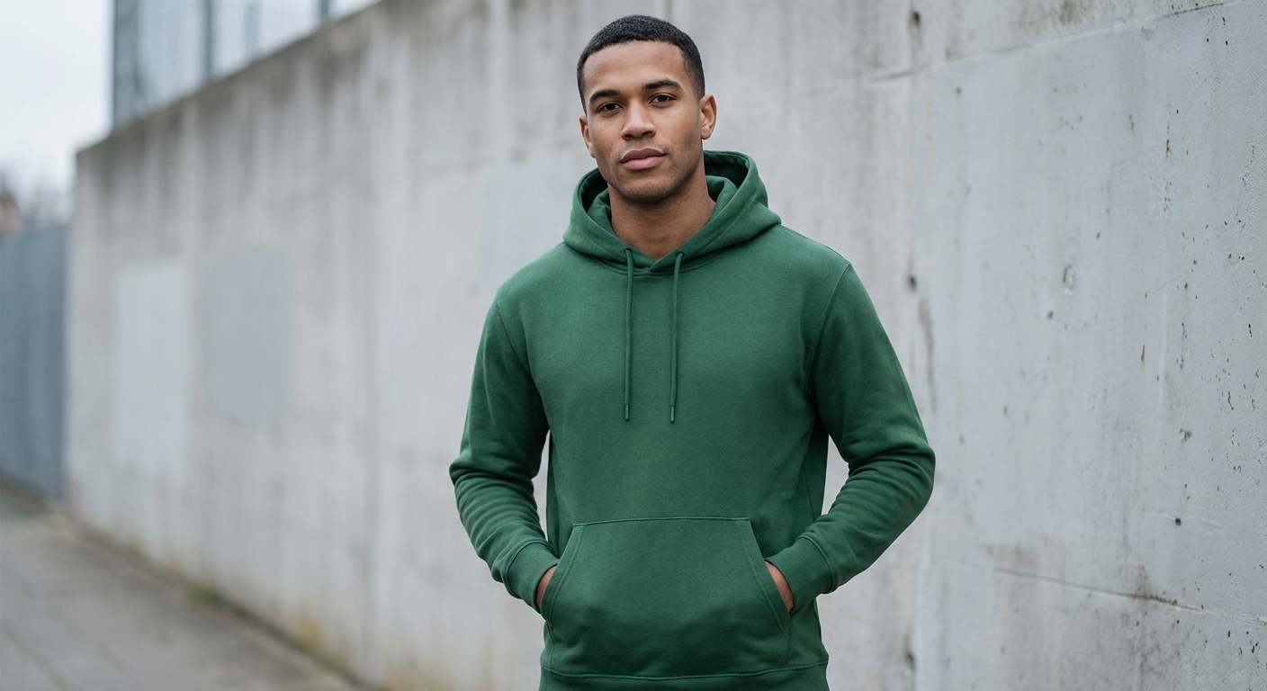 Model wearing a plain green Qkumbr pullover hoodie against a concrete wall