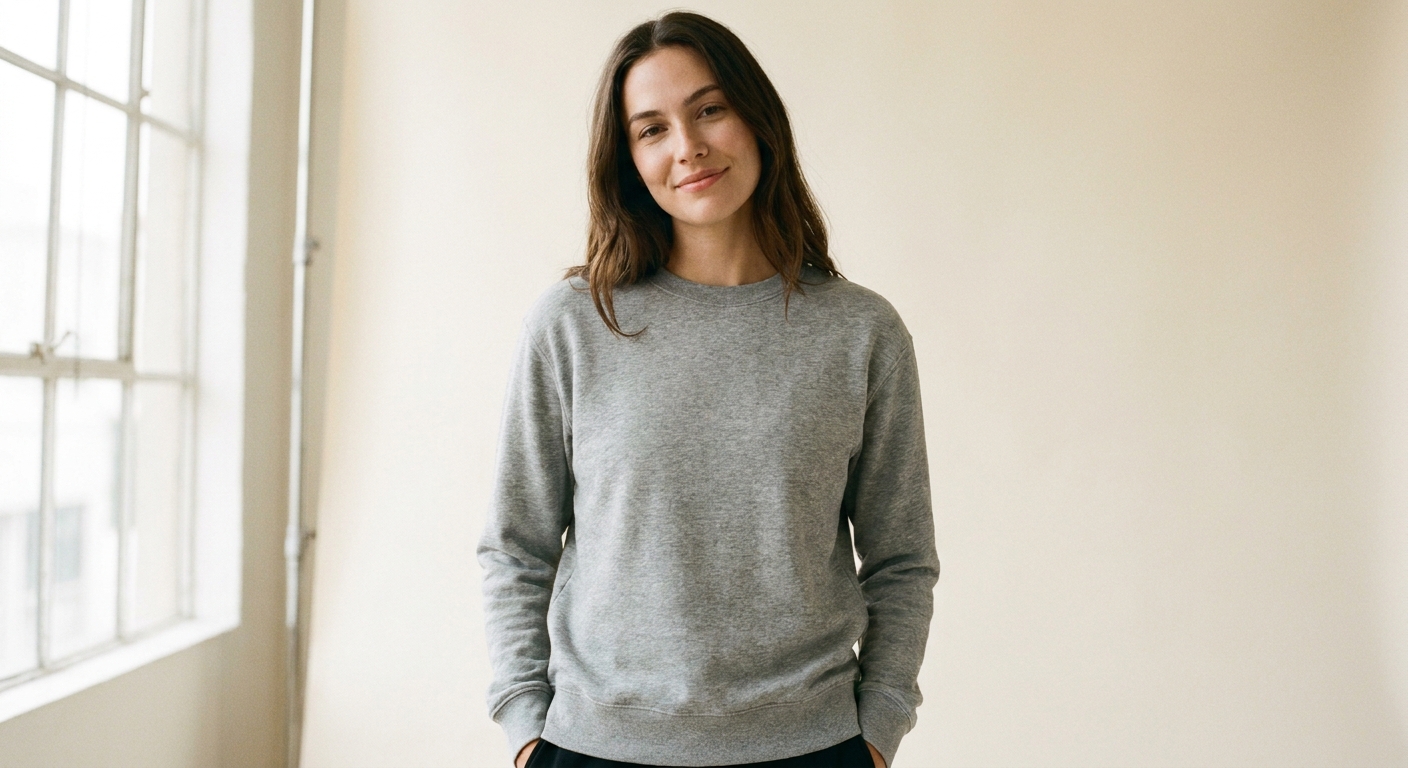 Model wearing a grey Qkumbr crew sweatshirt in a bright studio
